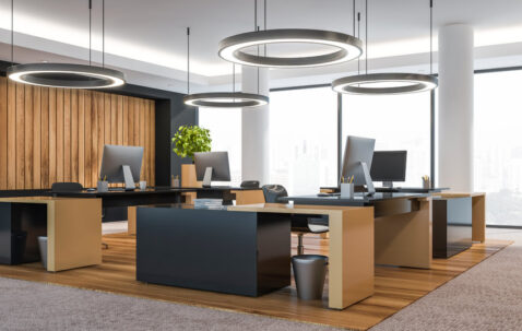 Modern wooden office interior with furniture. and city view.
